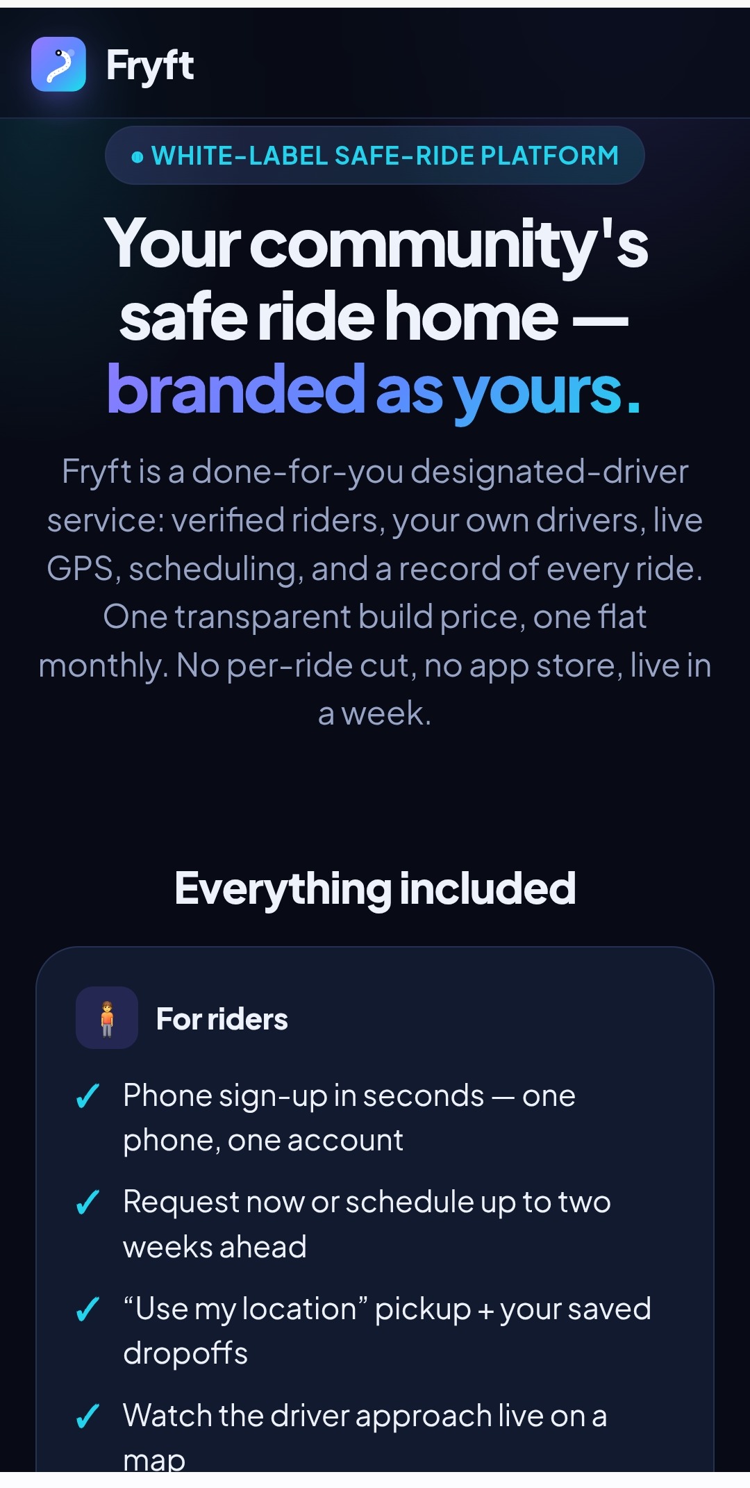 Fryft white-label safe-ride platform landing page