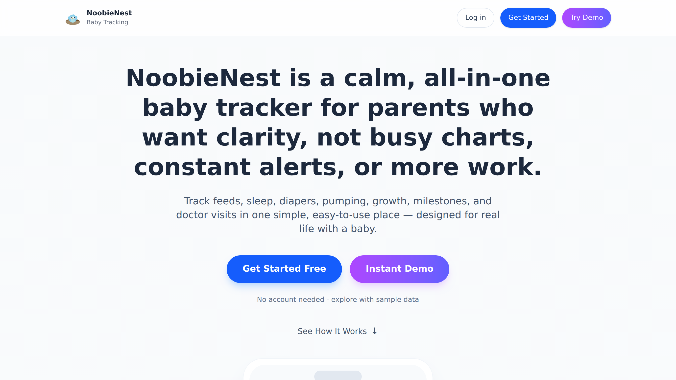 NoobieNest baby-tracking app landing page